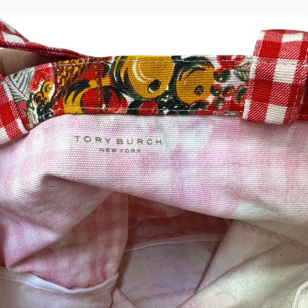 Tory Burch Fruits Du Marche Canvas Tote Bag Red Gingham French Market Bag